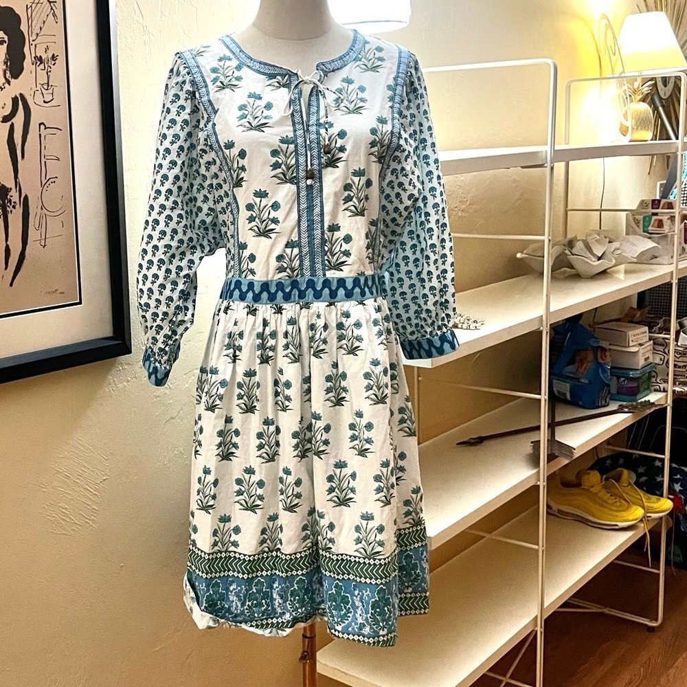 Philosophy Rep.,Blue Floral,Boho, Cotton Peasant Dress, Beaded Tassel, Size XL - Picture 4 of 13